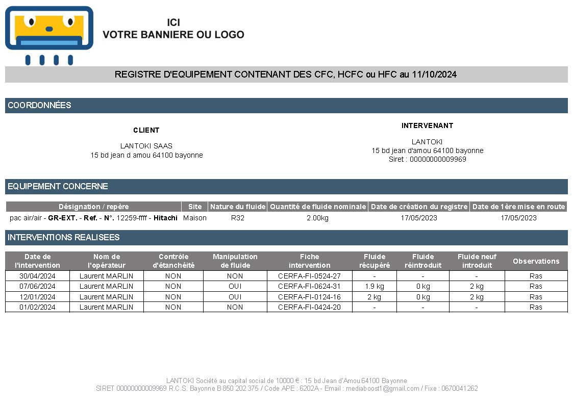 Registre d'équipement contenant des CFC, HCFC, HFC